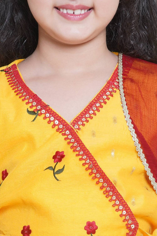 Girl's Yellow Floral Printed Silk Lehenga