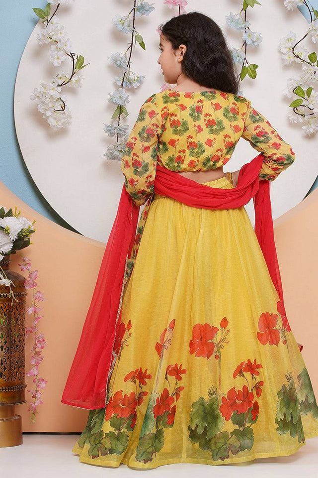Girl's Yellow Floral Printed Silk Lehenga