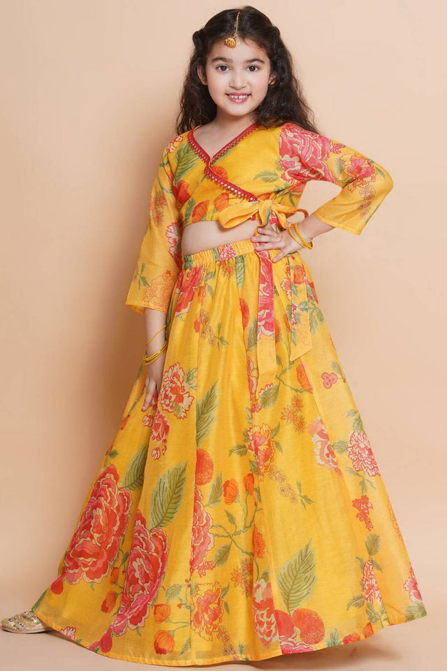 Girl's Yellow Floral Printed Silk Lehenga