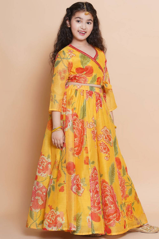 Girl's Yellow Floral Printed Silk Lehenga