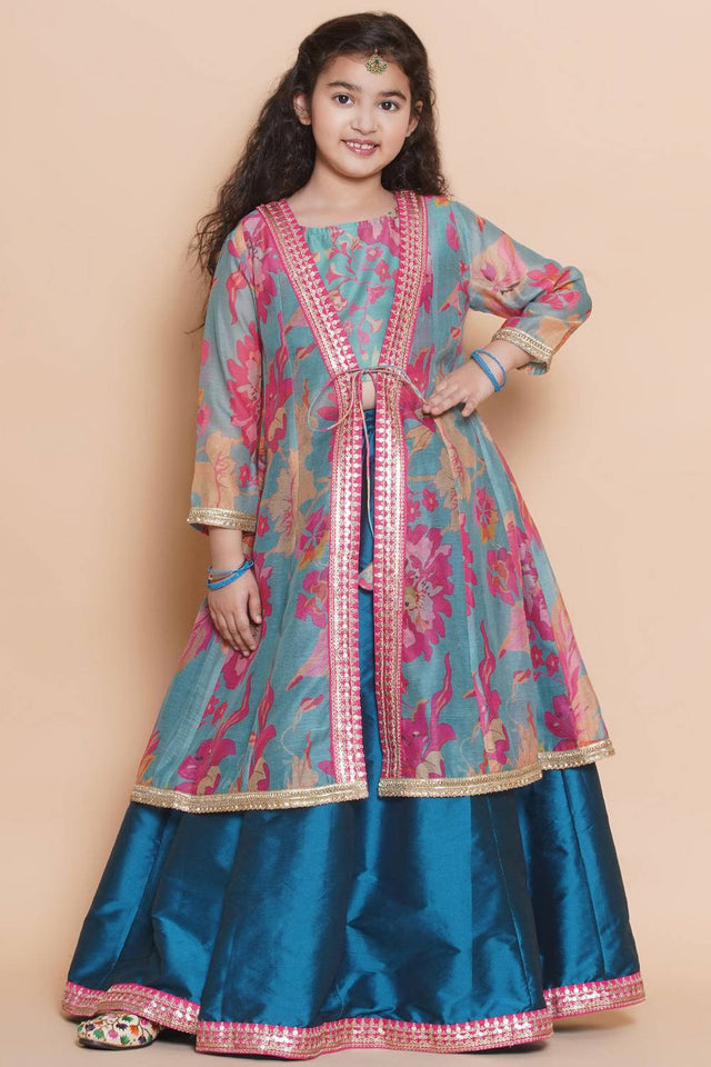 Girl's Blue Floral Printed Silk Lehenga