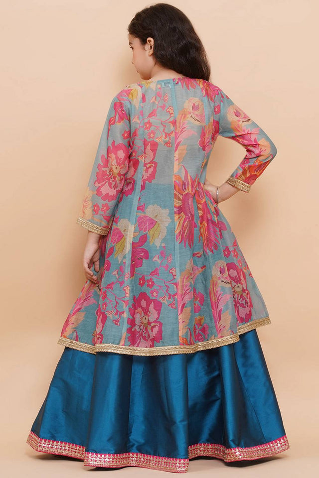 Girl's Blue Floral Printed Silk Lehenga