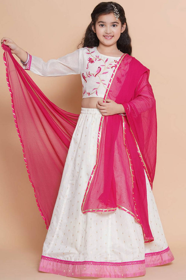 Girl's White Solid Silk Lehenga