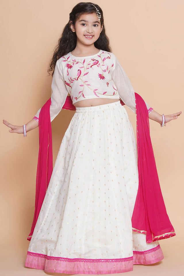 Girl's White Solid Silk Lehenga