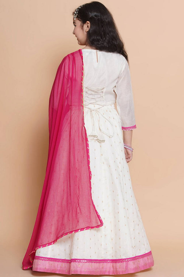 Girl's White Solid Silk Lehenga