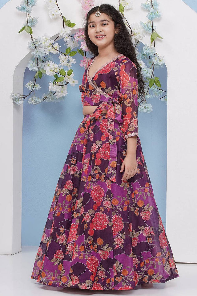 Girl's Violet Floral Printed Silk Lehenga