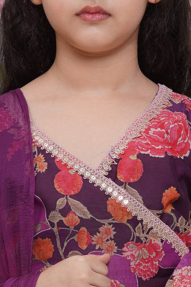 Girl's Violet Floral Printed Silk Lehenga