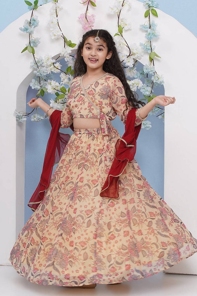 Girl's Beige Floral Printed Georgette Lehenga