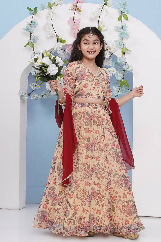 Girl's Beige Floral Printed Georgette Lehenga