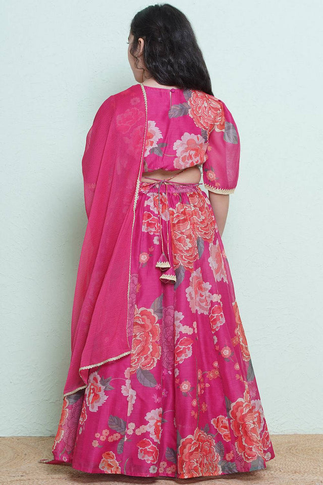 Girl's Pink Floral Printed Silk Lehenga
