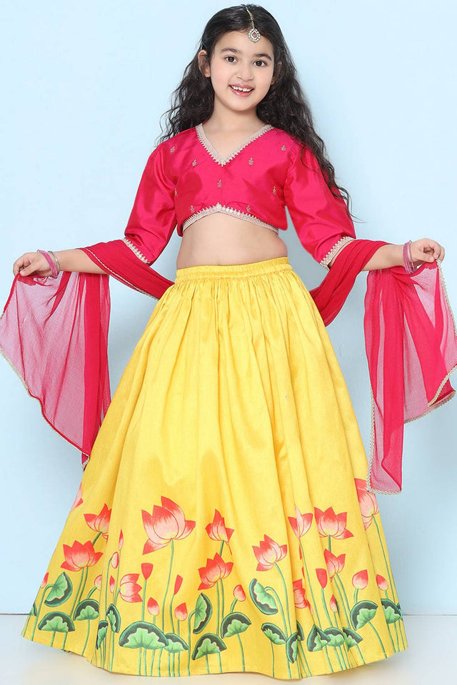 Girl's Yellow Floral Printed Silk Lehenga