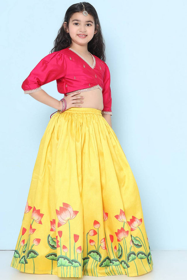 Girl's Yellow Floral Printed Silk Lehenga