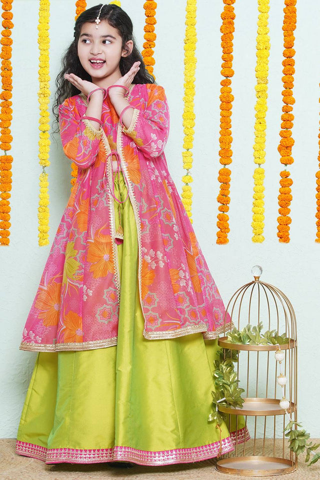 Girl's Green Solid Silk Lehenga