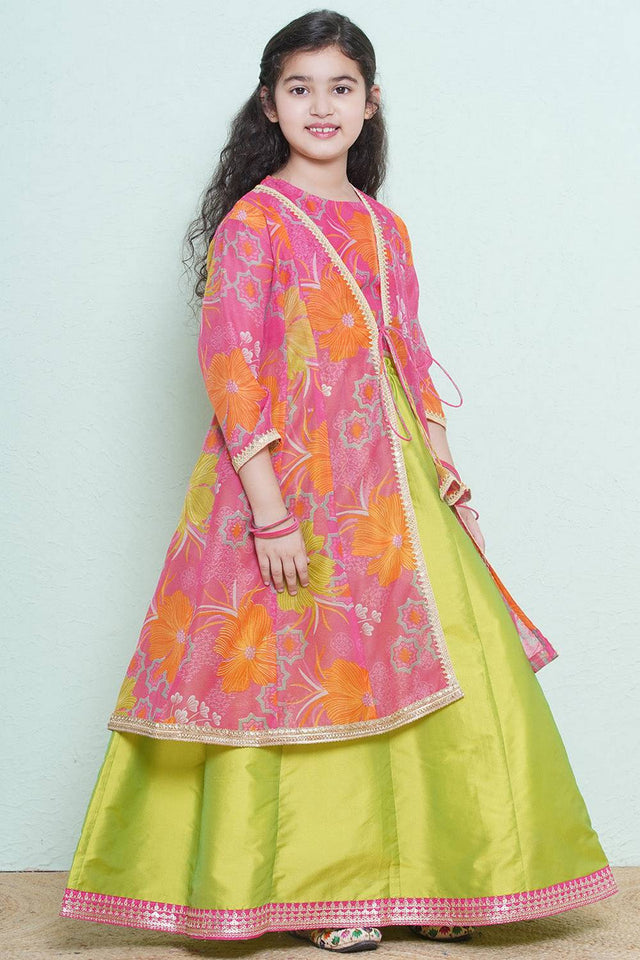 Girl's Green Solid Silk Lehenga