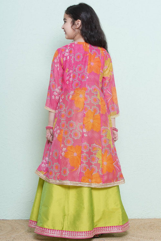 Girl's Green Solid Silk Lehenga