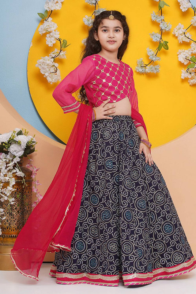 Girl's Navy Blue Bandhani Printed Silk Lehenga