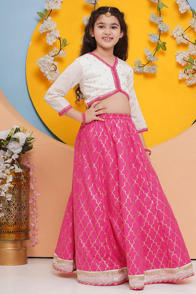 Girl's White Foil Printed Cotton Lehenga