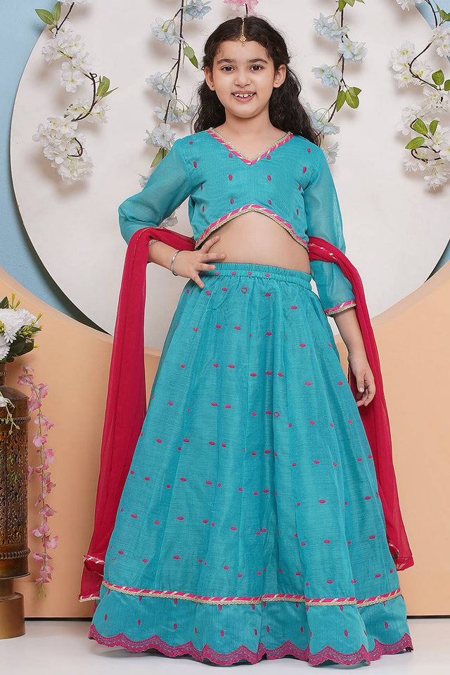 Girl's Blue Embroidered Silk Lehenga