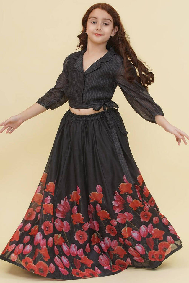 Girl's Black Digital Printed Silk Lehenga