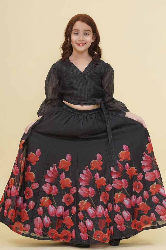 Girl's Black Digital Printed Silk Lehenga