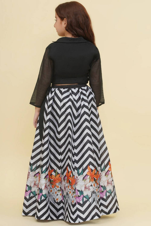 Girl's Black Digital Printed Silk Lehenga