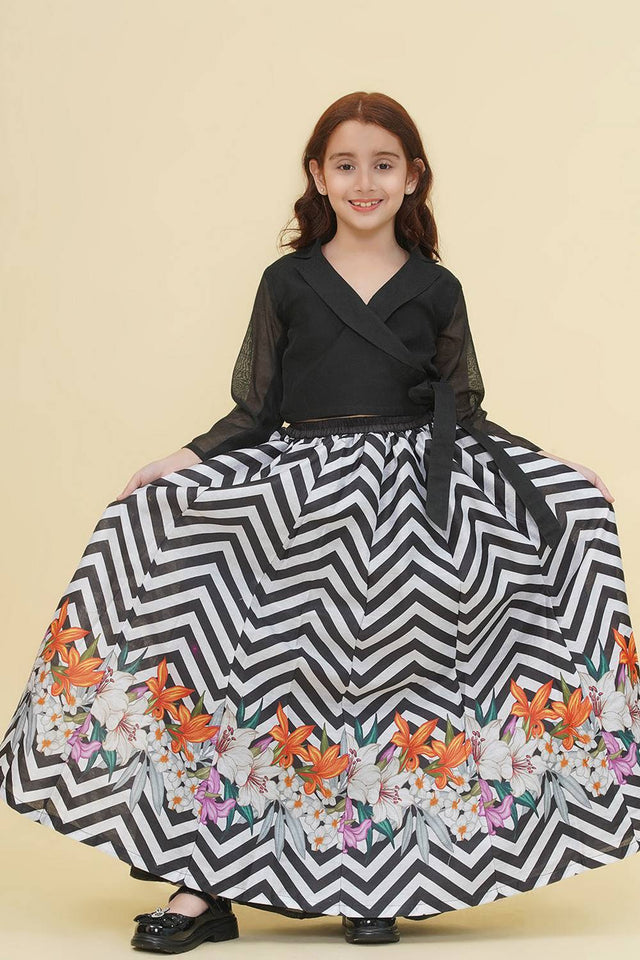 Girl's Black Digital Printed Silk Lehenga
