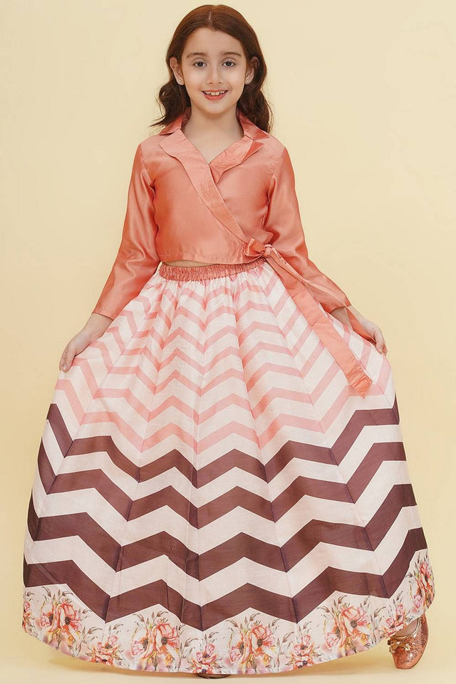 Girl's Peach Zig Zag Printed Silk Lehenga