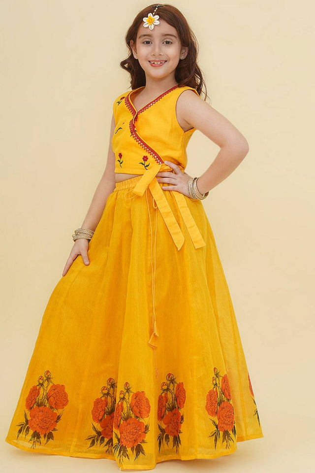 Girl's Yellow Floral Printed Silk Lehenga