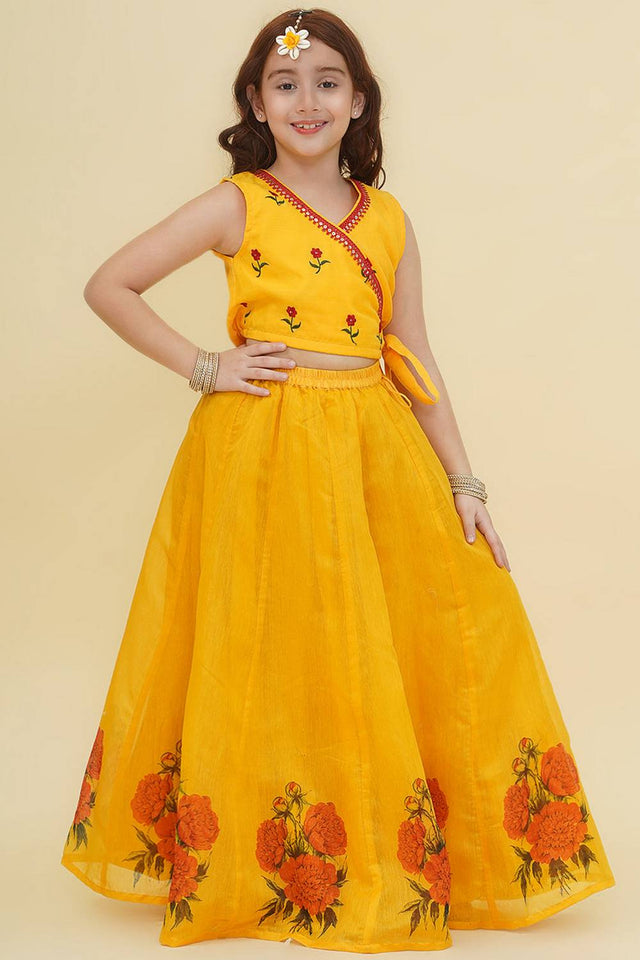 Girl's Yellow Floral Printed Silk Lehenga