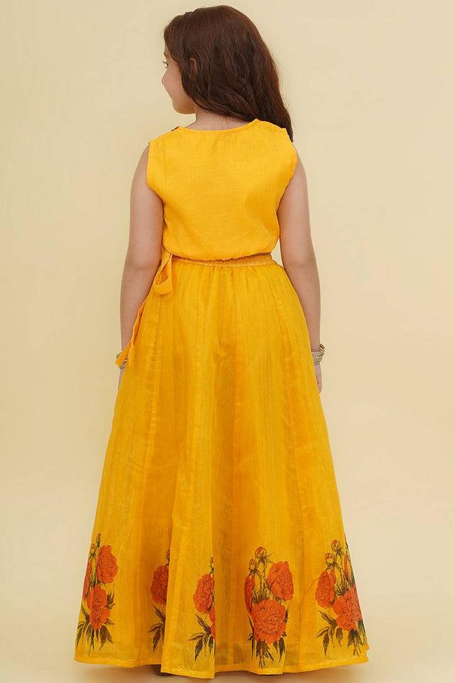 Girl's Yellow Floral Printed Silk Lehenga