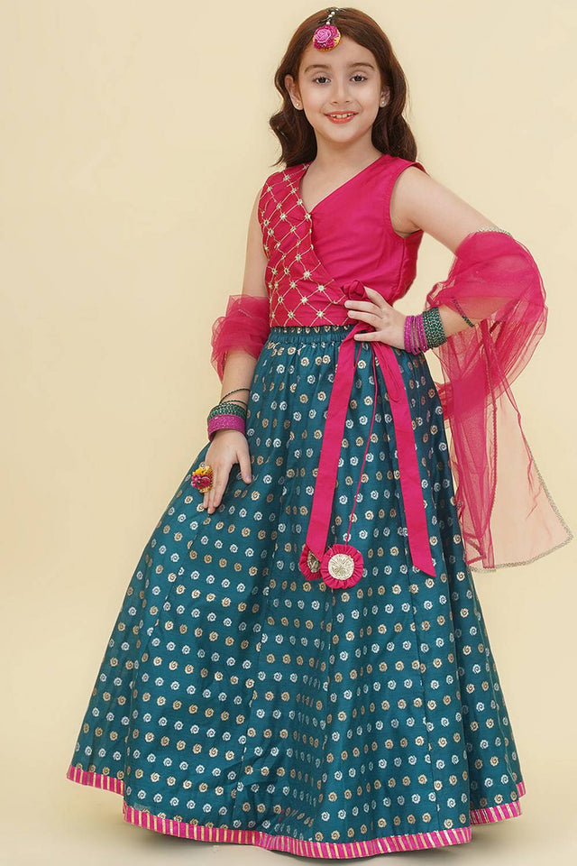 Girl's Turquoise Woven Silk Lehenga
