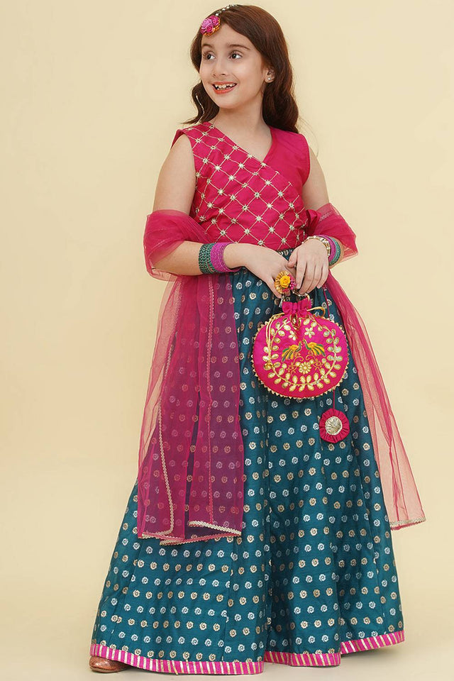 Girl's Turquoise Woven Silk Lehenga