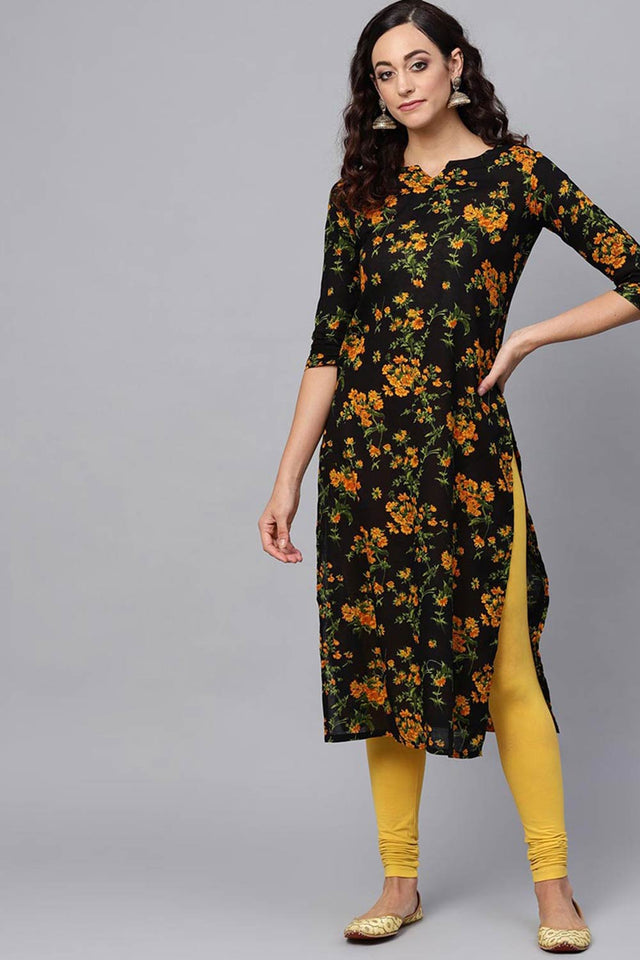 Black Rayon Printed Straight Kurti