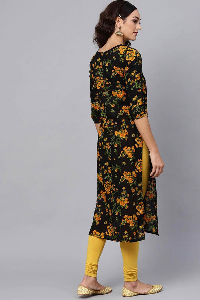 Black Rayon Printed Straight Kurti