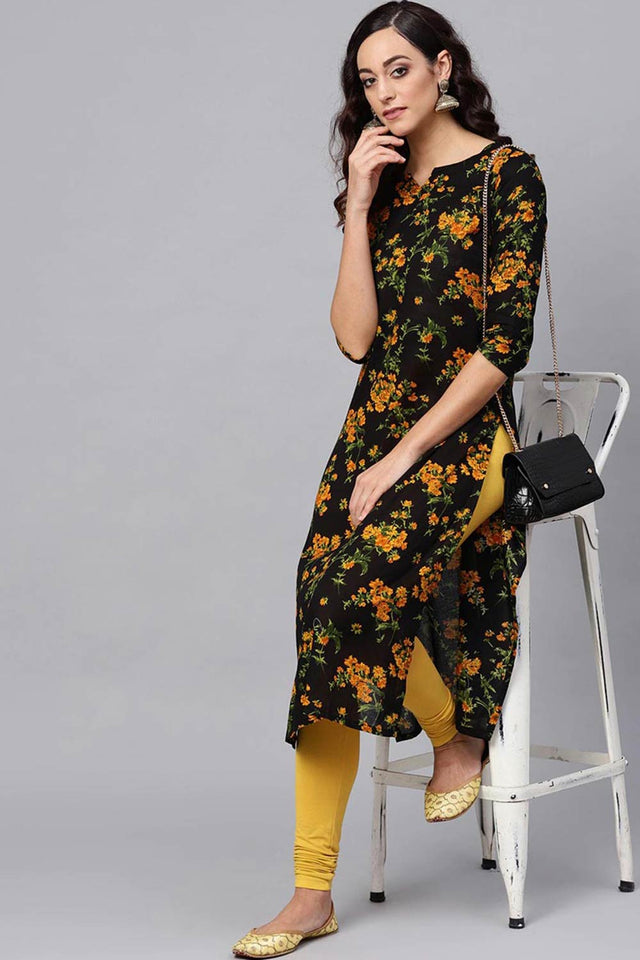 Black Rayon Printed Straight Kurti