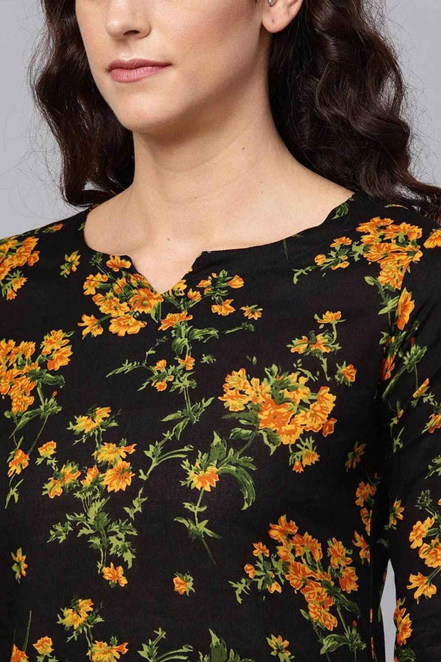 Black Rayon Printed Straight Kurti