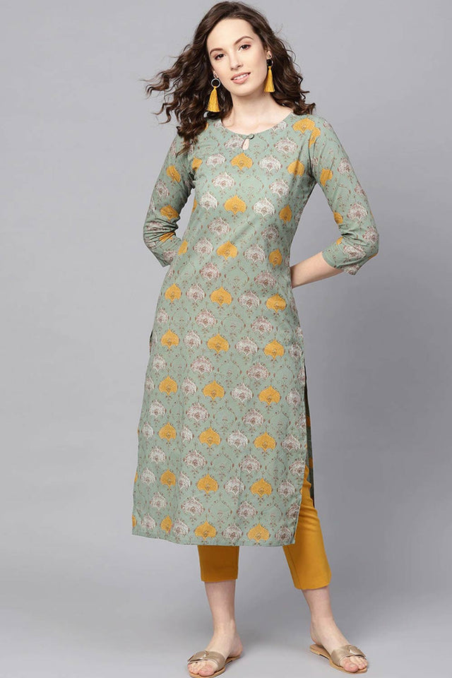 Green Rayon Printed Straight Kurti