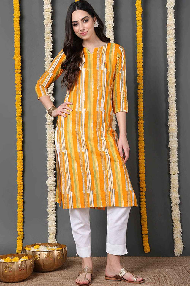 Yellow Cotton Printed Straight Kurti