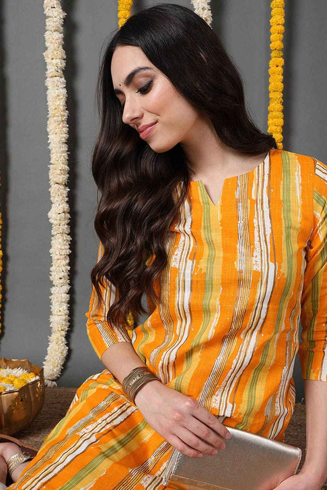 Yellow Cotton Printed Straight Kurti