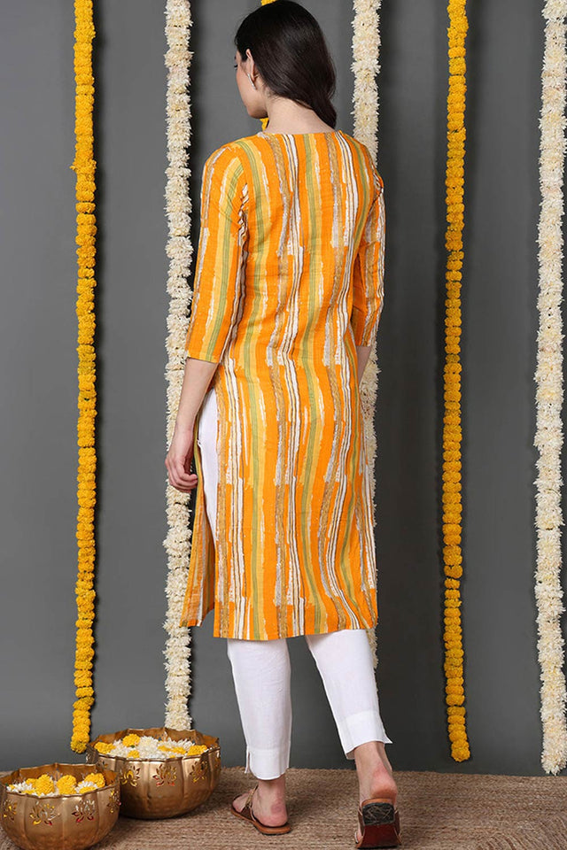 Yellow Cotton Printed Straight Kurti
