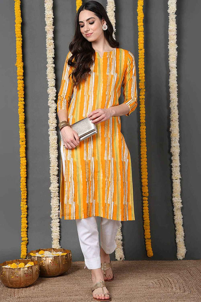 Yellow Cotton Printed Straight Kurti