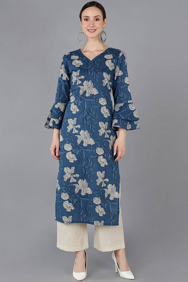 Blue Rayon Printed Straight Kurti