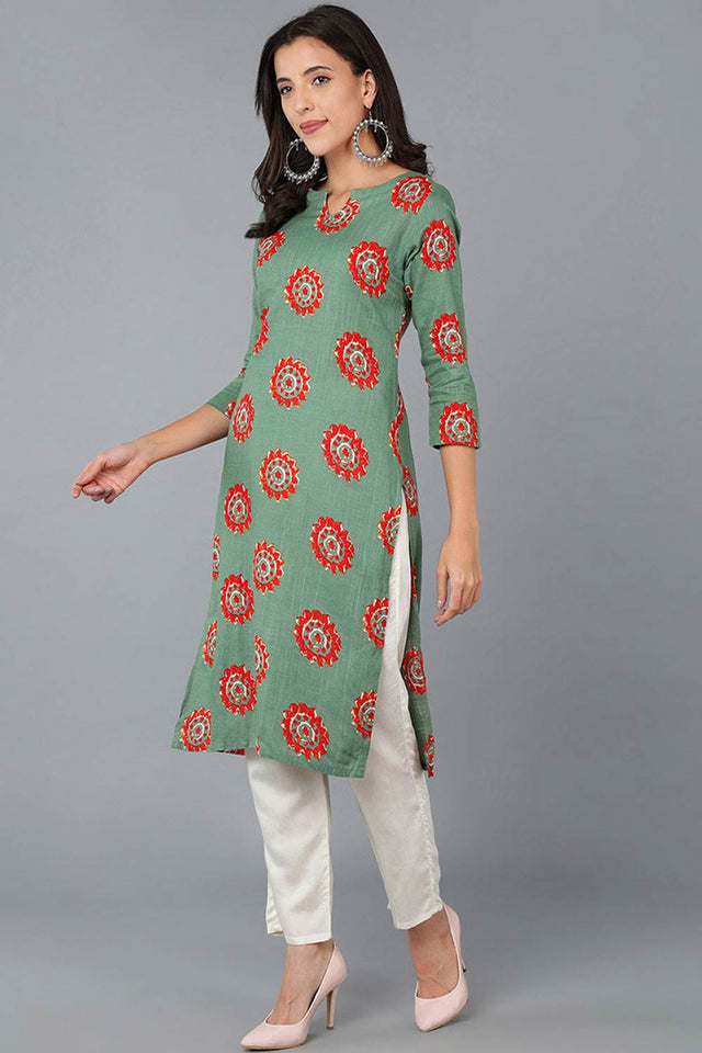 Green Cotton Round Neck Kurti