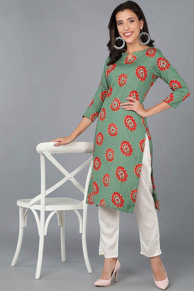 Green Cotton Round Neck Kurti