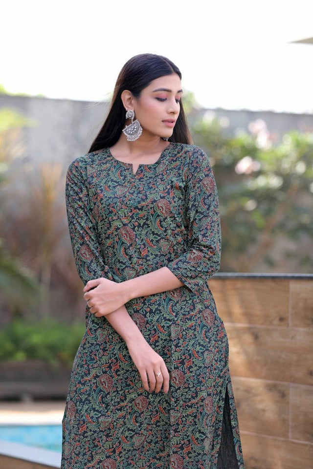 Black Cotton Printed Straight Kurti