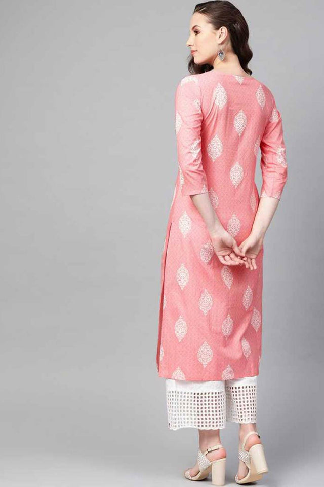 Pink Cotton Printed Straight Kurti