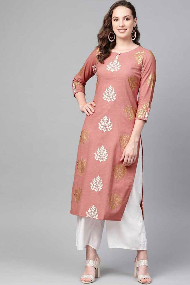 Pink Cotton Printed Straight Kurti