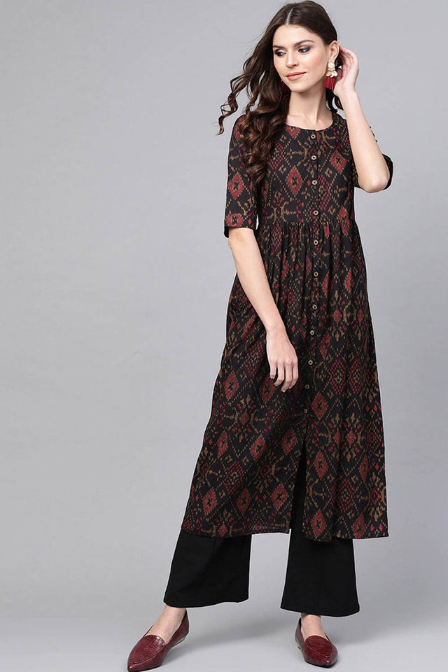 Black Rayon Printed Flared Fit Kurti