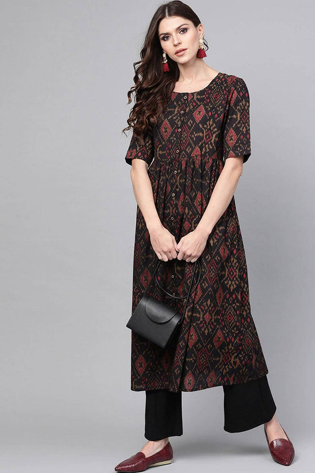 Black Rayon Printed Flared Fit Kurti