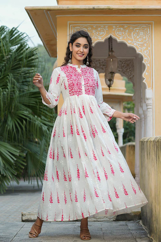 White Cotton Bandhani Mandarin Collar Anarkali Kurti